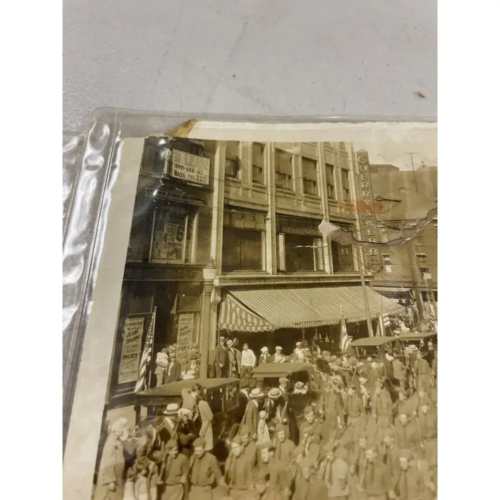 Antique WWI Military Soldiers Parade Photo Downtown Street Scene Massachusetts